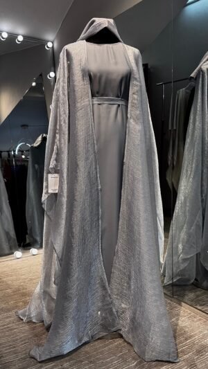 Gray Nida Abaya with crystal organza attached Robe