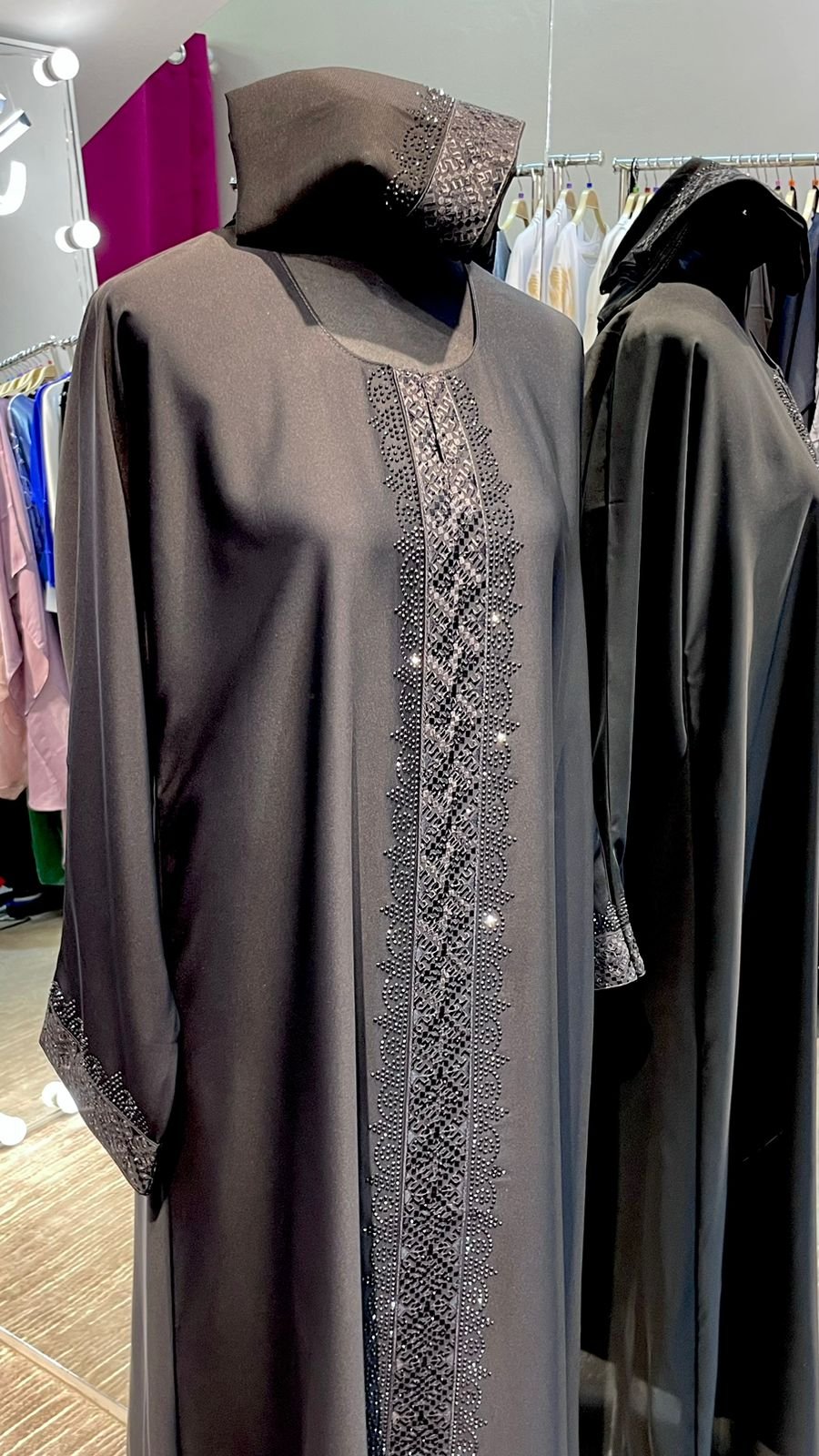 Black Nida Abaya with Embroidered lace and stones. - Image 4