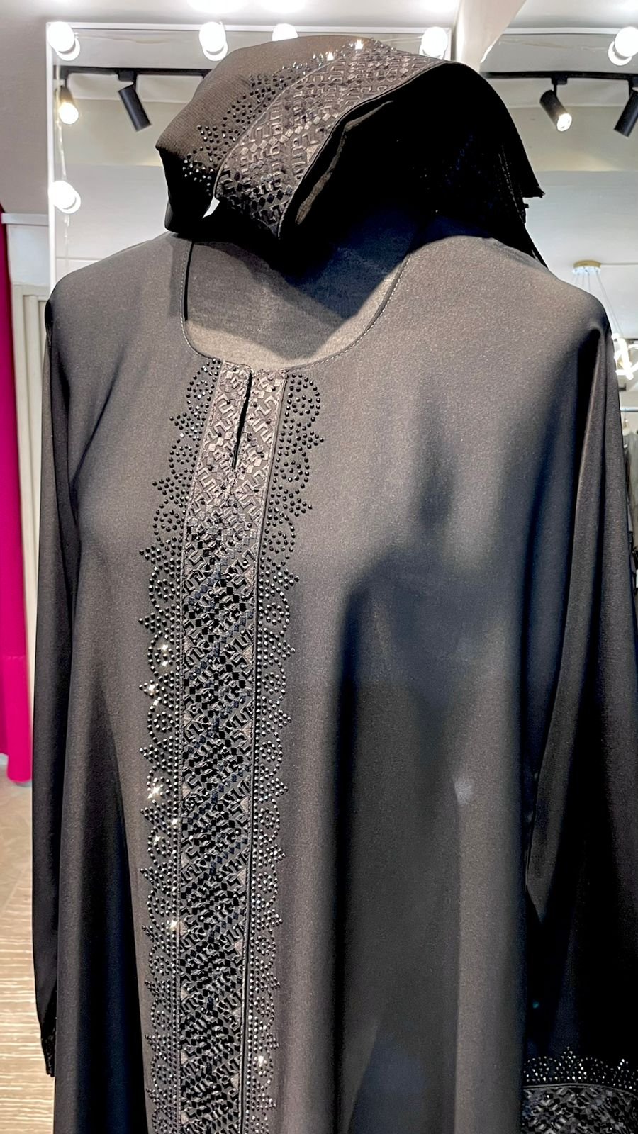 Black Nida Abaya with Embroidered lace and stones. - Image 3