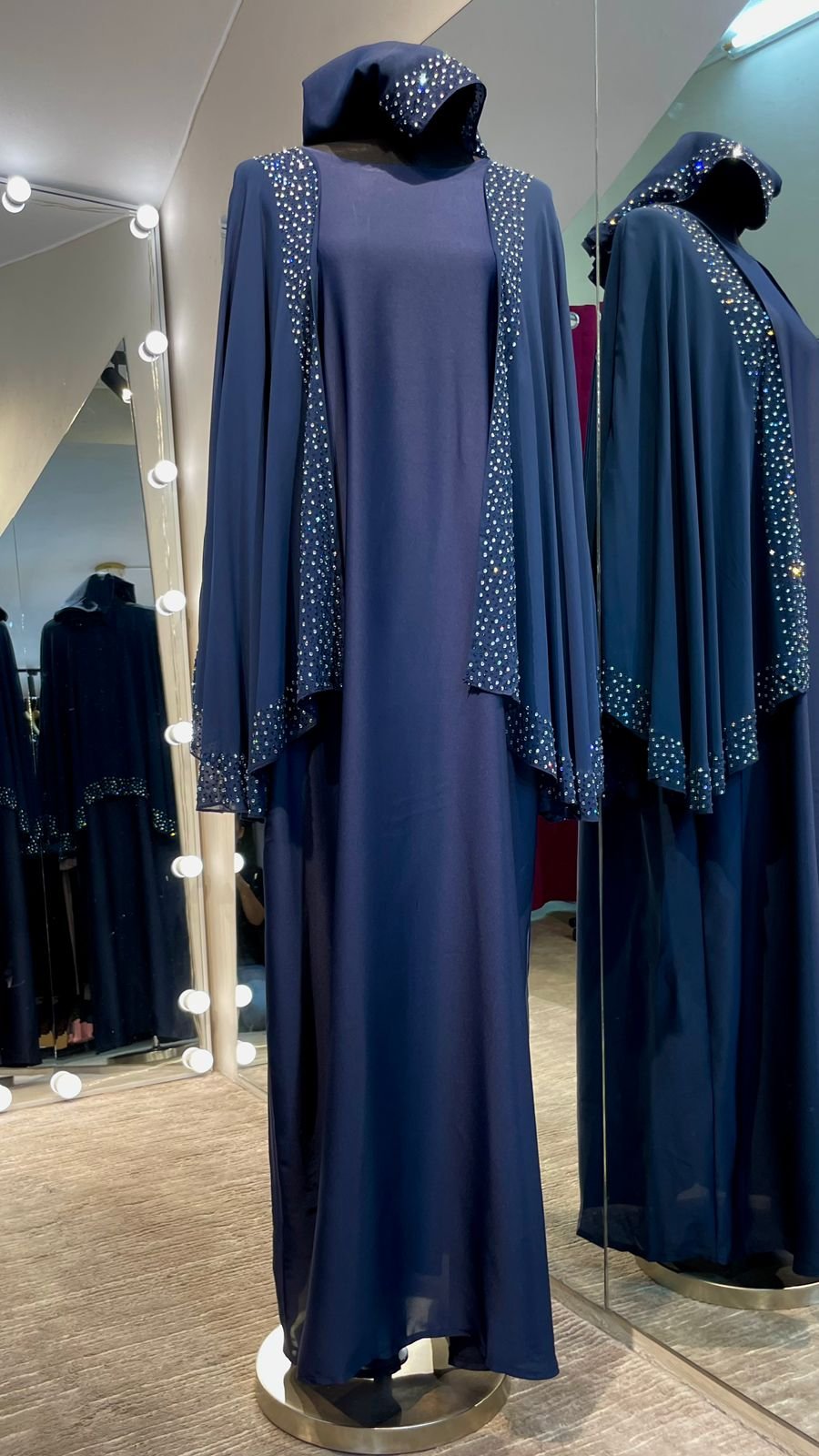 Navy Blue Chiffon Cape Farasha with Stones - Image 2