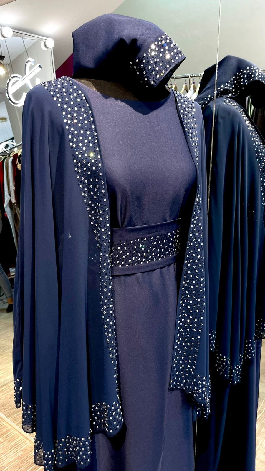 Navy Blue Chiffon Cape Farasha with Stones - Image 3