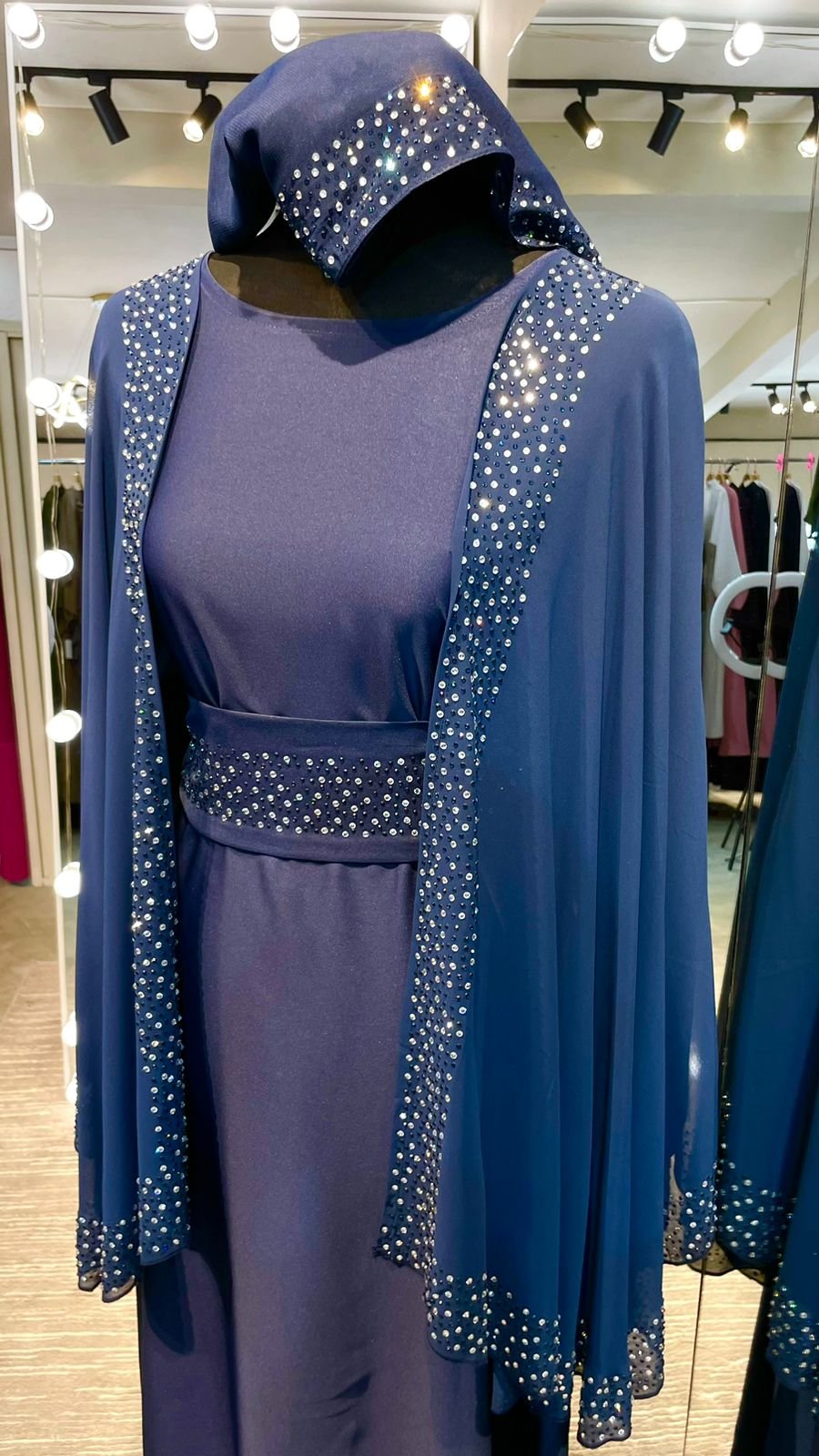 Navy Blue Chiffon Cape Farasha with Stones - Image 4