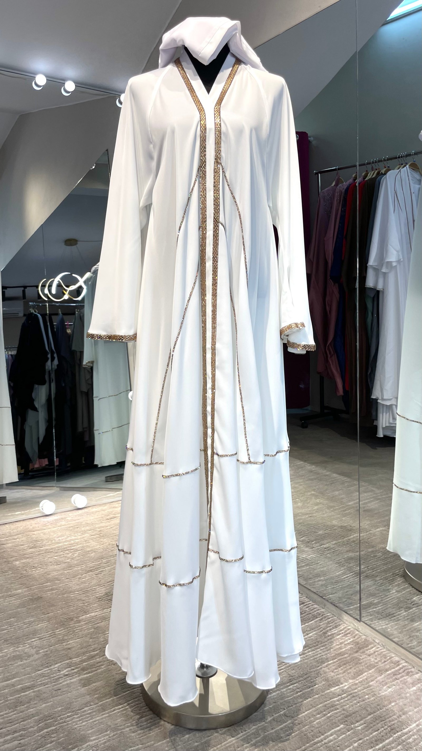 White Elegant Umbrella-Cut Nida Abaya with Gold Stone Lining - Image 2