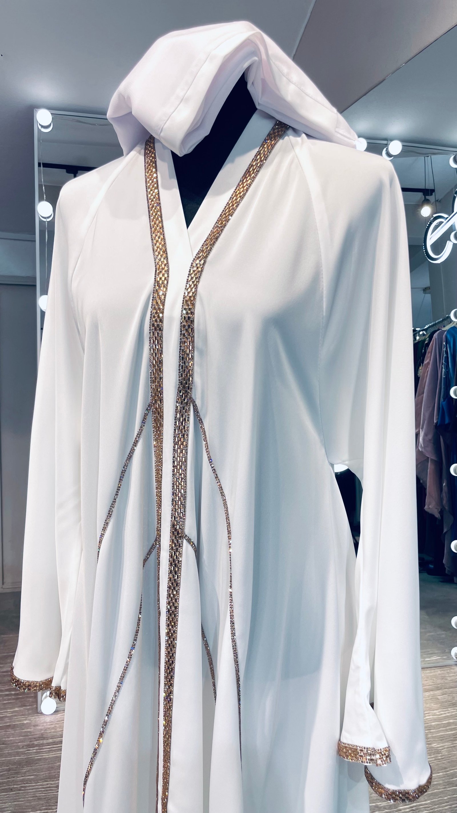 White Elegant Umbrella-Cut Nida Abaya with Gold Stone Lining - Image 6