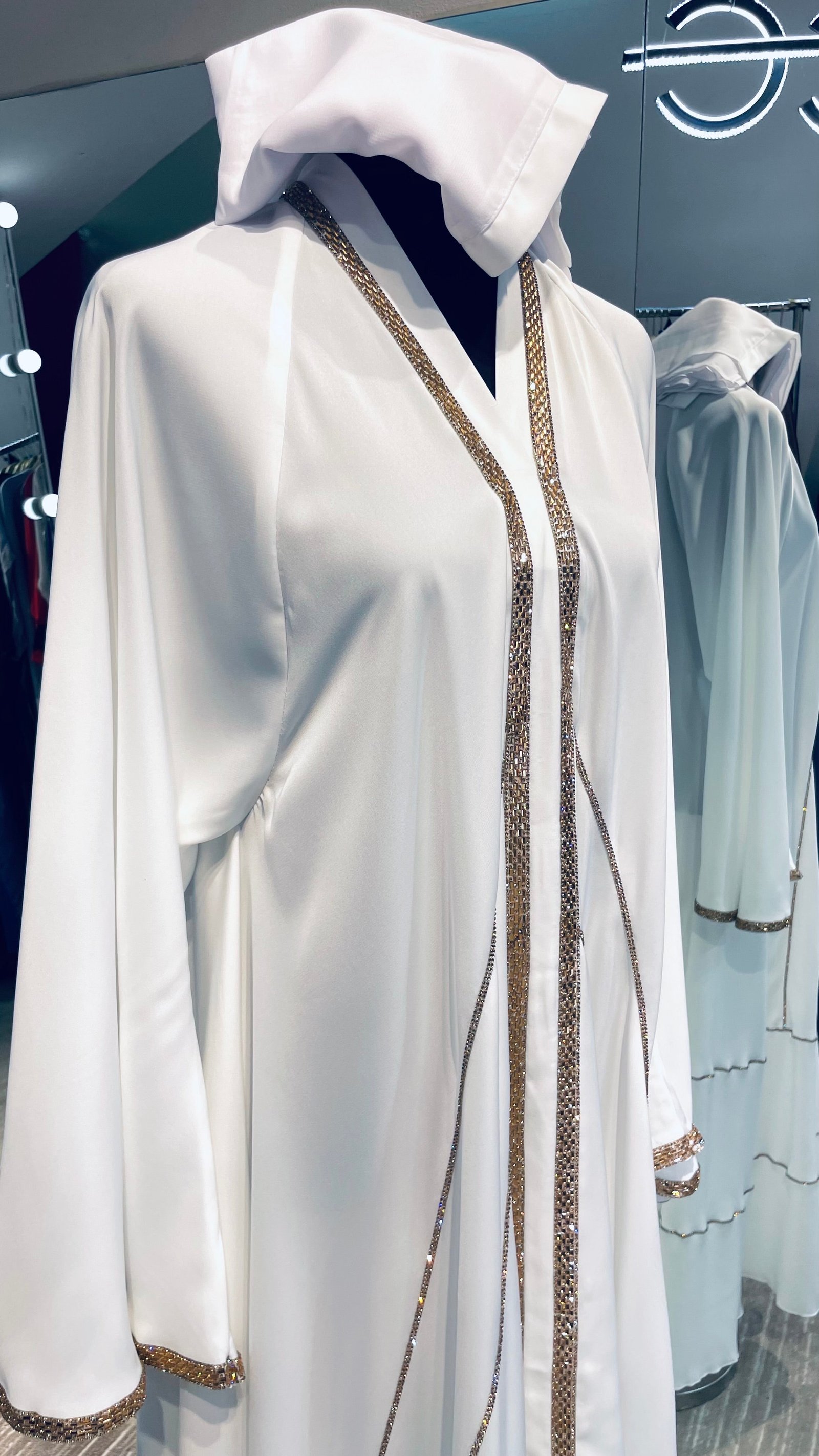 White Elegant Umbrella-Cut Nida Abaya with Gold Stone Lining - Image 5