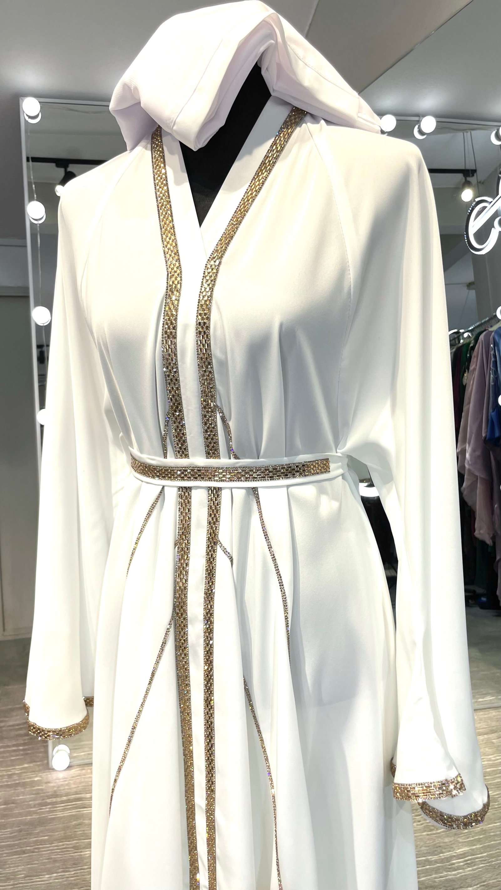 White Elegant Umbrella-Cut Nida Abaya with Gold Stone Lining - Image 3