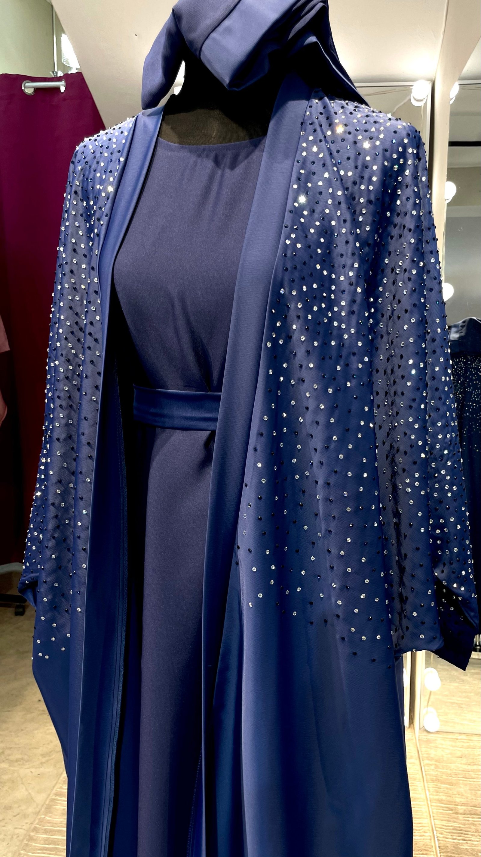 Navy Blue Farasha Robe with full Upper Stone Embellishment and Long-Sleeve Inner - Image 3