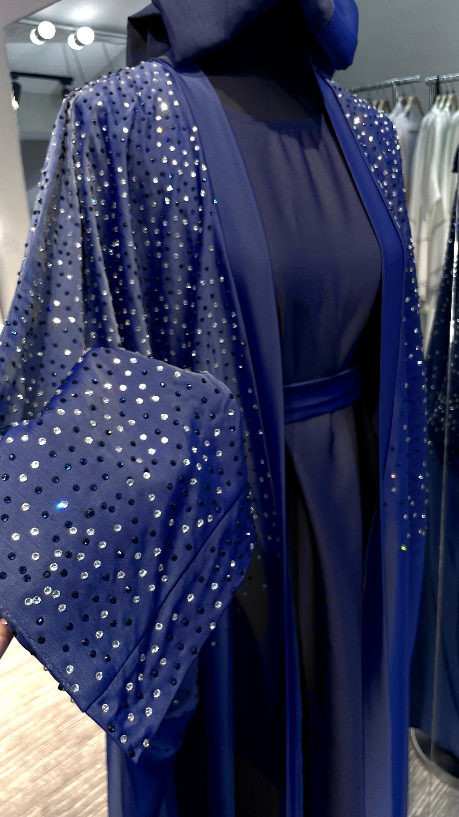 Navy Blue Farasha Robe with full Upper Stone Embellishment and Long-Sleeve Inner - Image 2