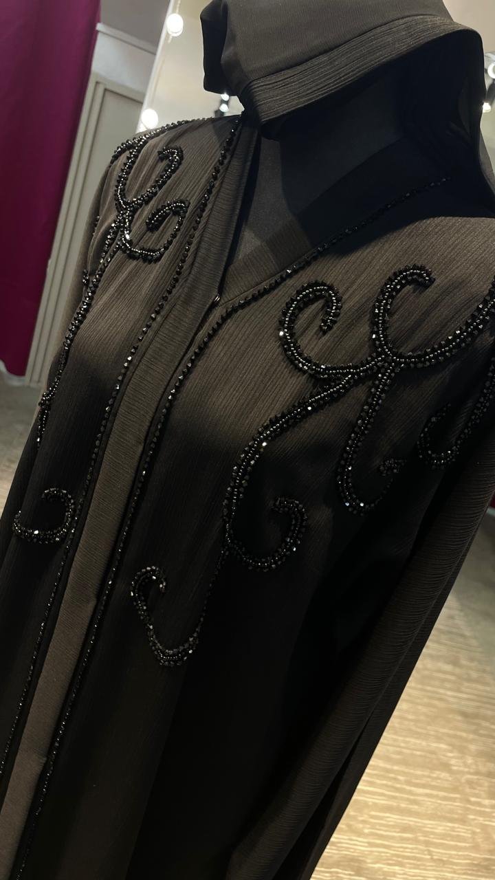 Black Zoom Abaya embellished with Beads on the chest. - Image 2