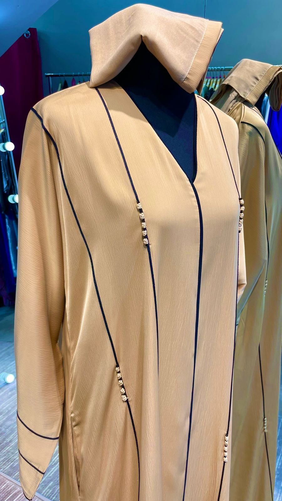 Dark Beige Silky Zoom Abaya with Line and Bead Embellishments and Side Pockets - Image 3
