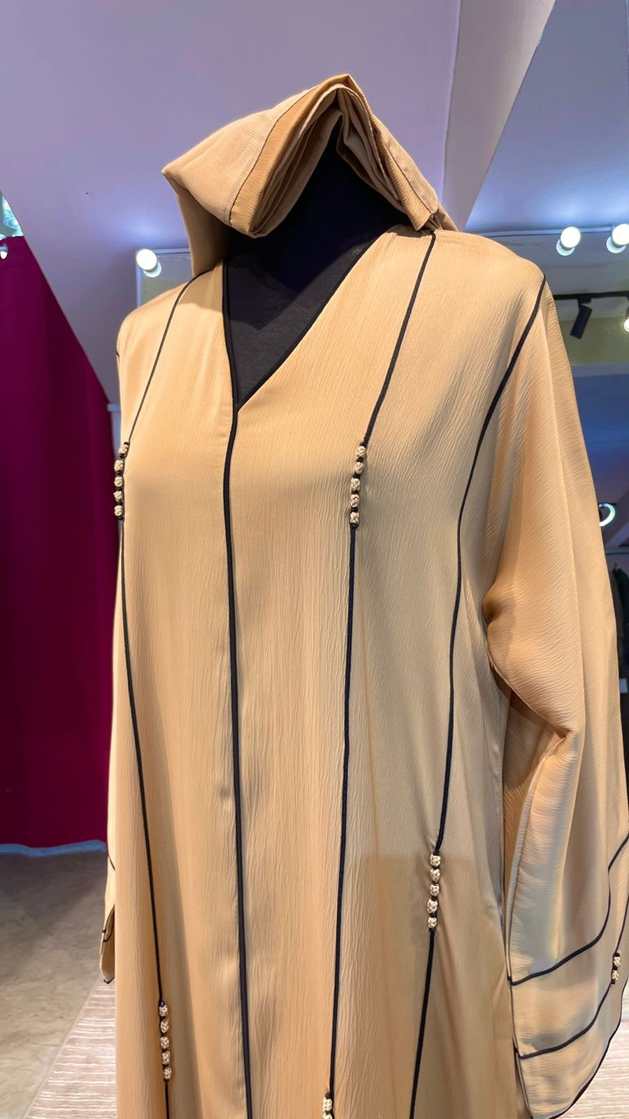 Dark Beige Silky Zoom Abaya with Line and Bead Embellishments and Side Pockets - Image 2