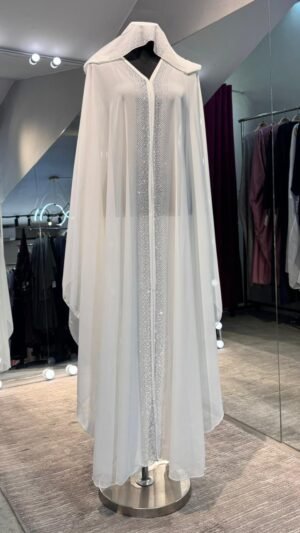 White Chiffon Farasha Throw with Attached Hijab & Elegant Stone Detailing