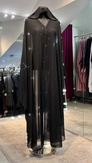 Black Chiffon Farasha Throw with Attached Hijab & Elegant Stone Detailing