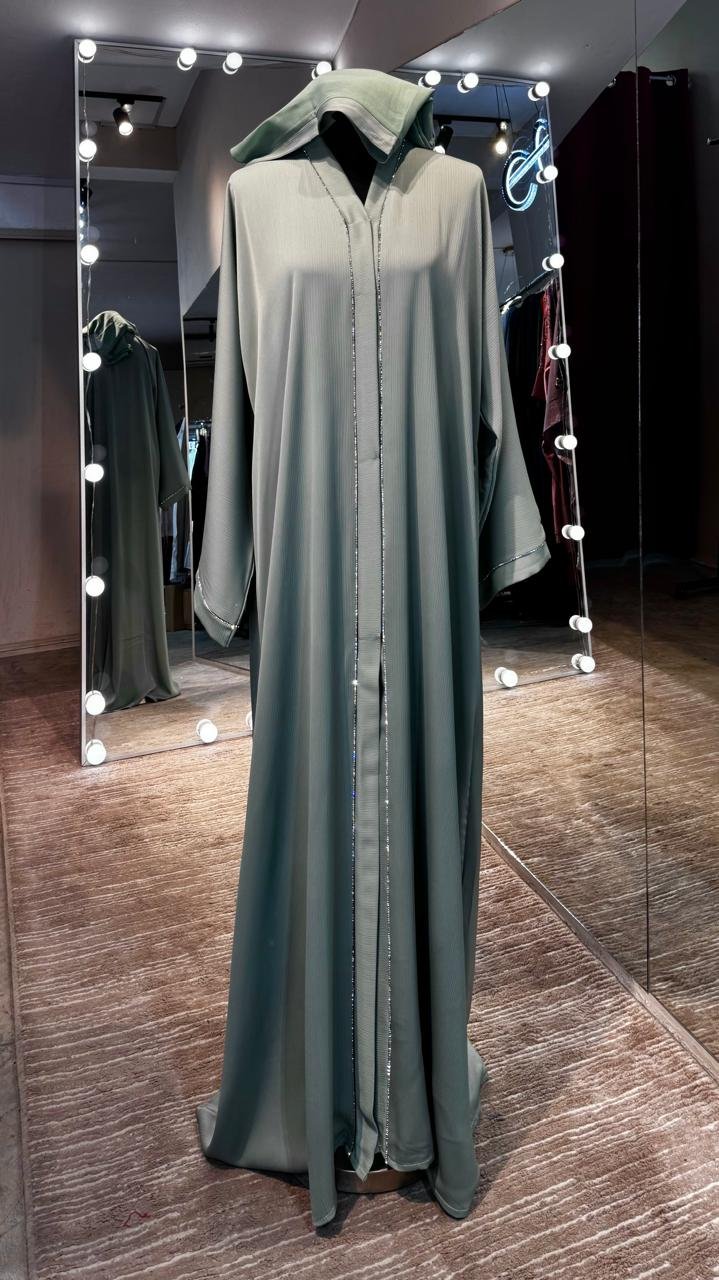 Mint Green Zoom Abaya With silver stone lining design - Image 2