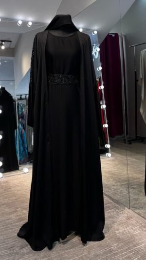 Black Silky Zoom 4pcs set Abaya with Beadwork