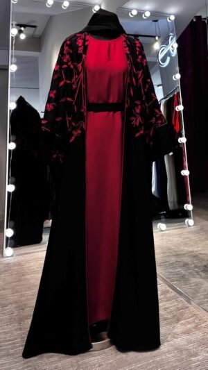 Black Embroidered Robe Abaya with Red Inner