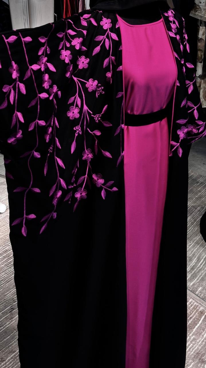 Black Embroidered Robe Abaya with magenta Inner - Image 2