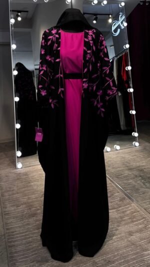 Black Embroidered Robe Abaya with magenta Inner