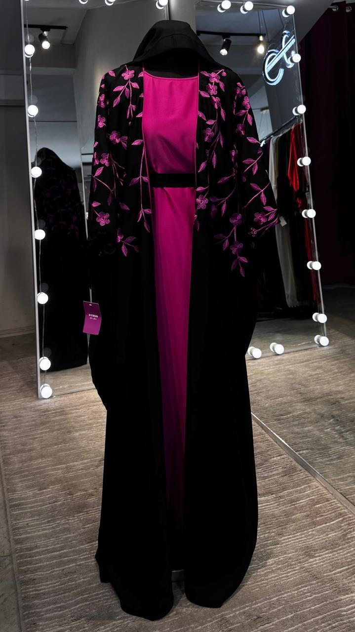 Black Embroidered Robe Abaya with magenta Inner