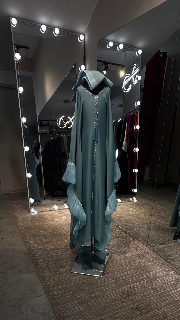 Kids Teal Farasha Abaya with Pleated organza Sleeves