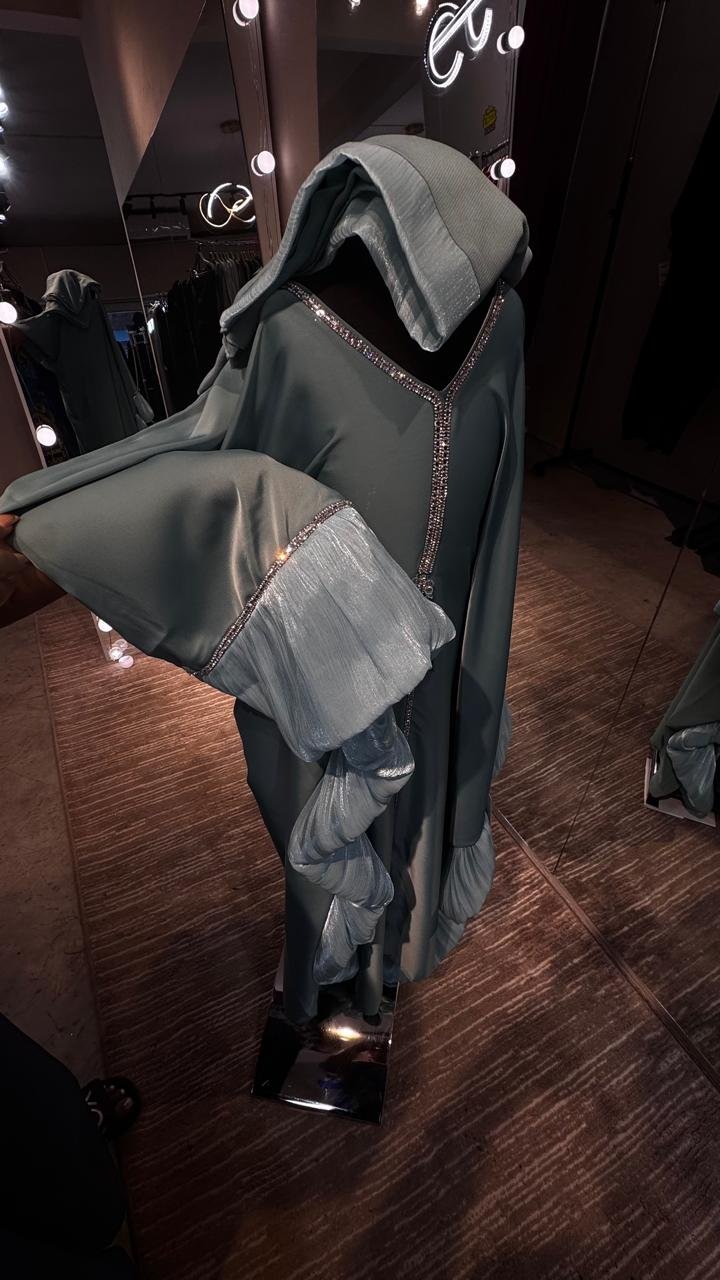 Kids Teal Farasha Abaya with Pleated organza Sleeves - Image 3