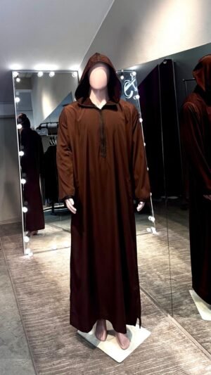 Men Chocolate Brown Short Sleeve kandura with cap.