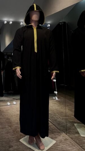 Men Black Slim fit kandura with gold thread embroidery and cap.