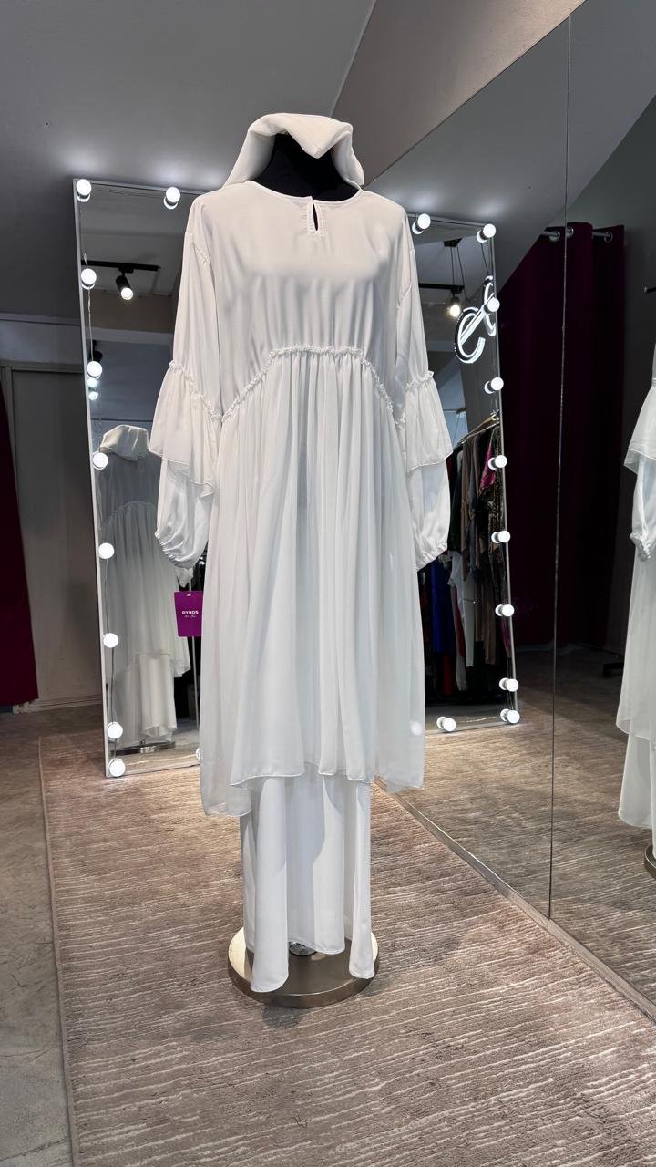 White Nida and Pleated Chiffon combination Abaya Dress