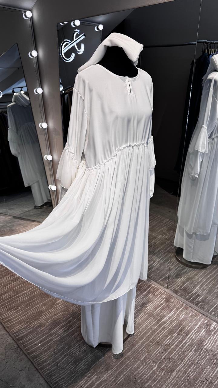 White Nida and Pleated Chiffon combination Abaya Dress - Image 4