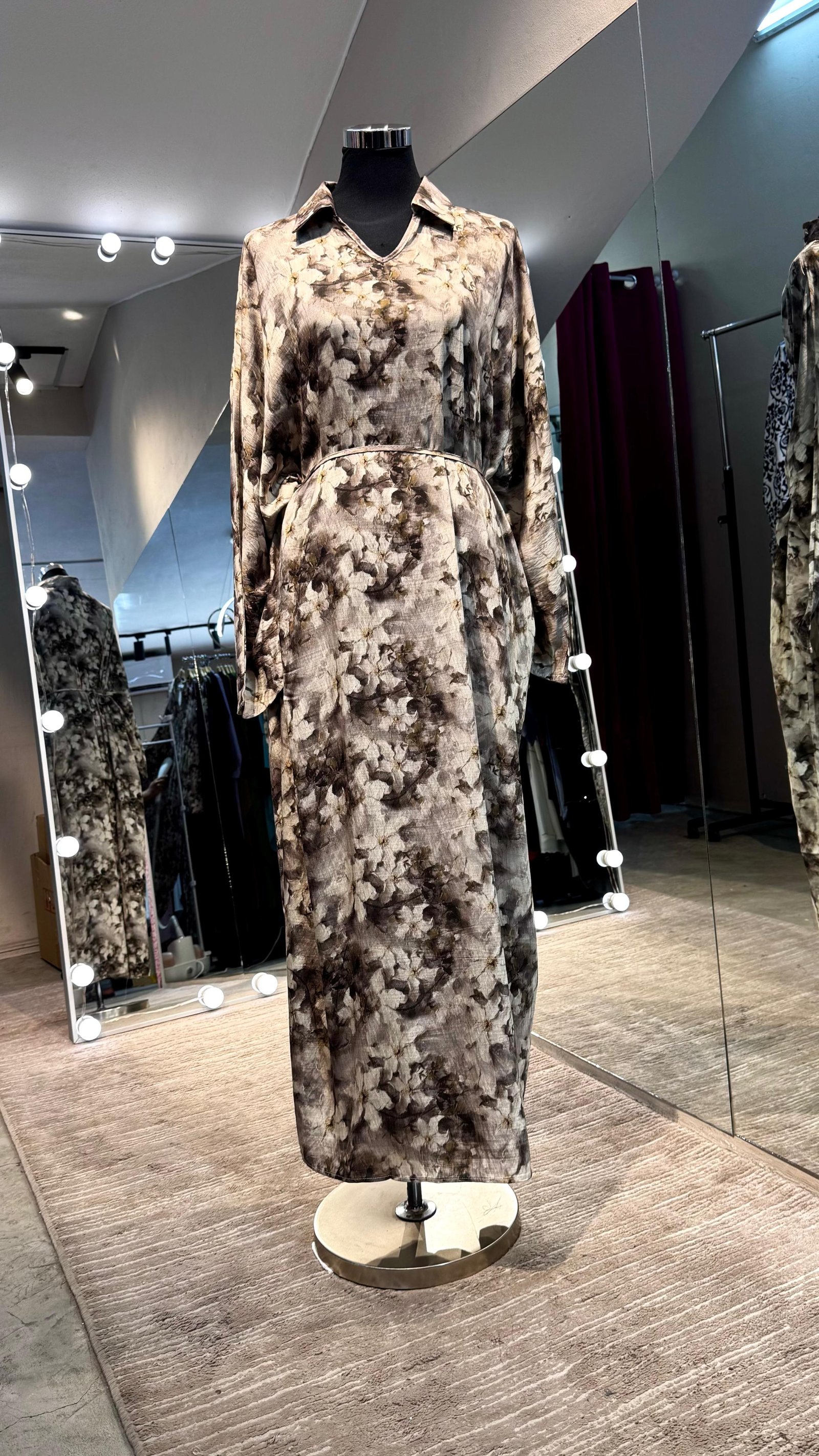 Brown Floral cotton V neck dress