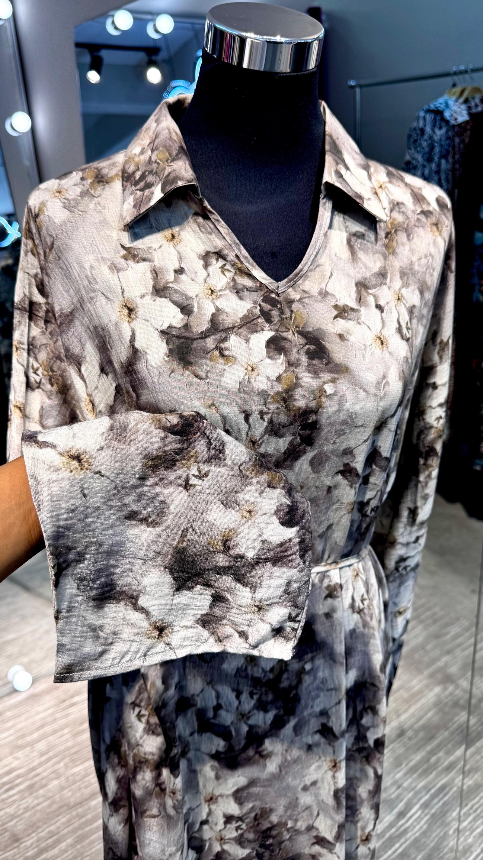 Brown Floral cotton V neck dress - Image 2