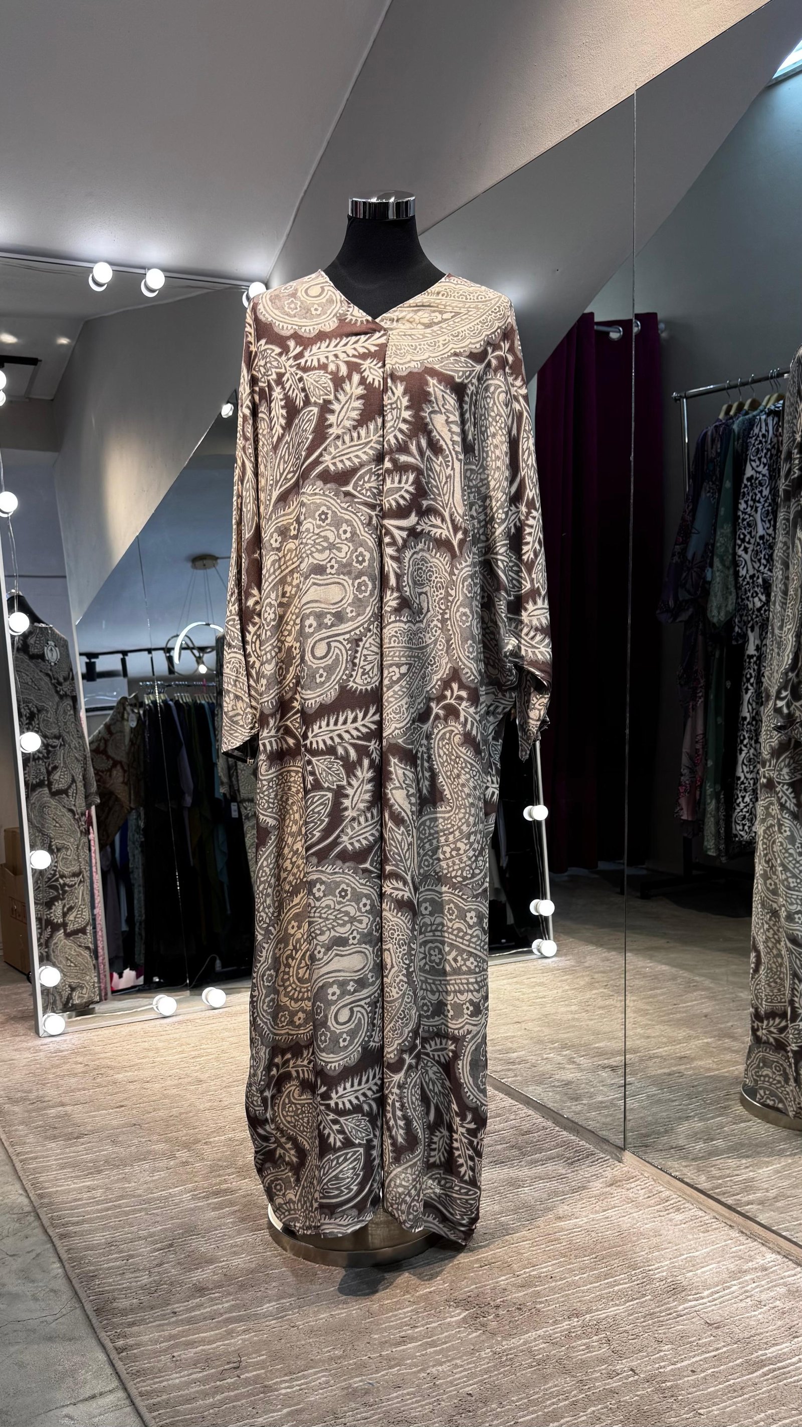 Brown cotton V neck dress with Kashmir printing