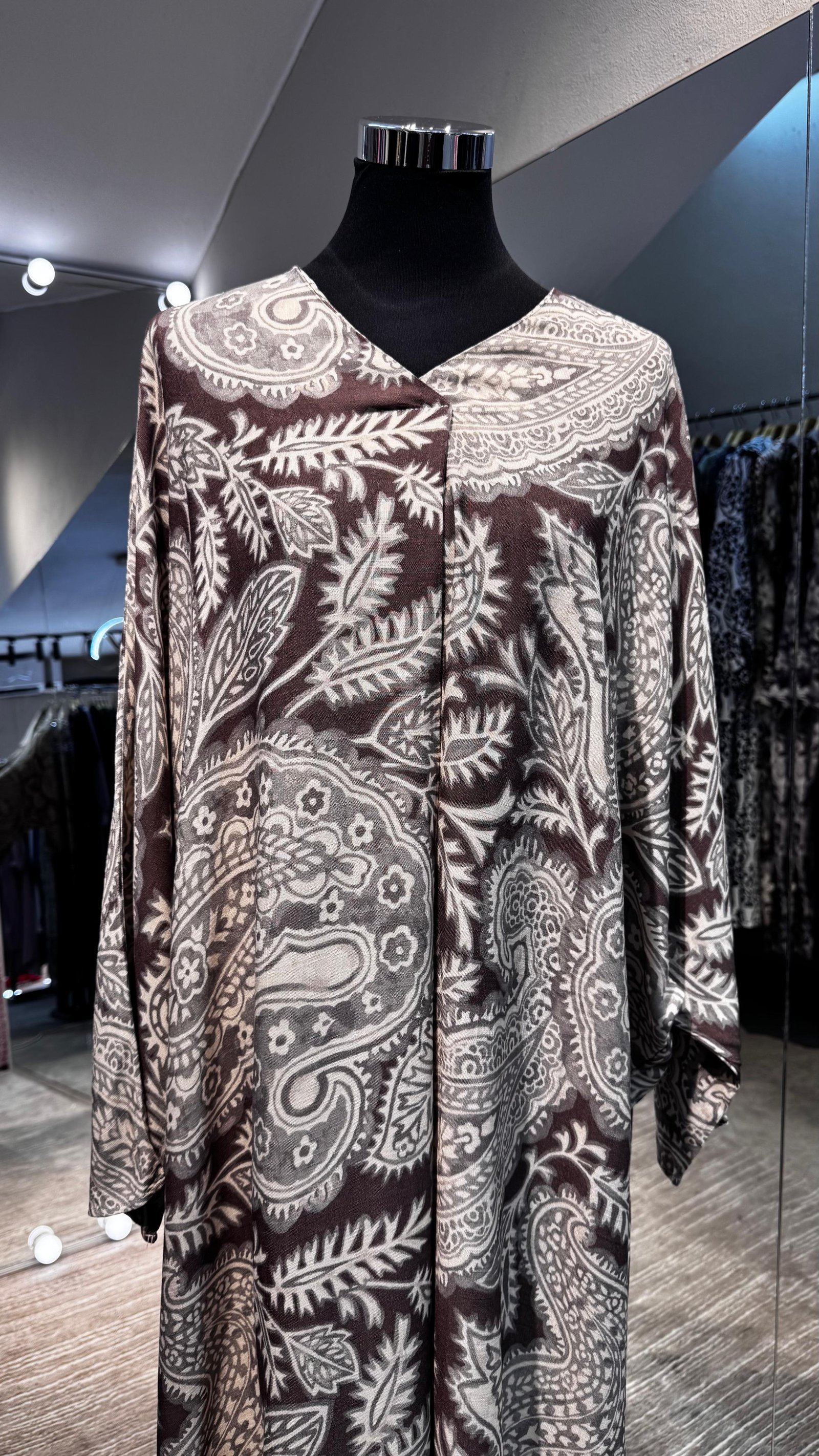 Brown cotton V neck dress with Kashmir printing - Image 3