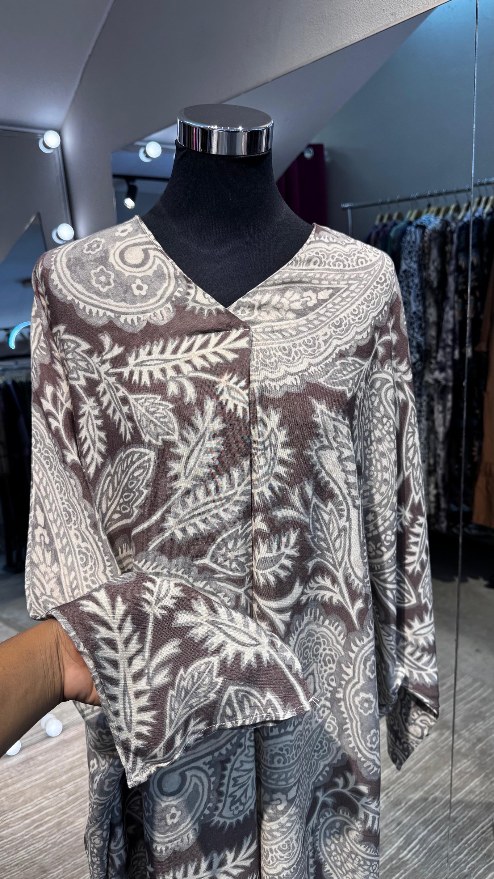 Brown cotton V neck dress with Kashmir printing - Image 2