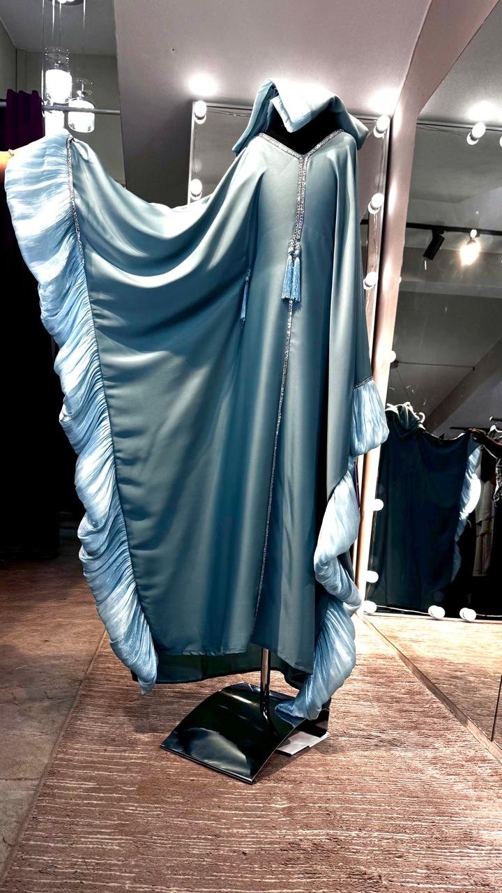 Kids Teal Farasha Abaya with Pleated organza Sleeves - Image 2