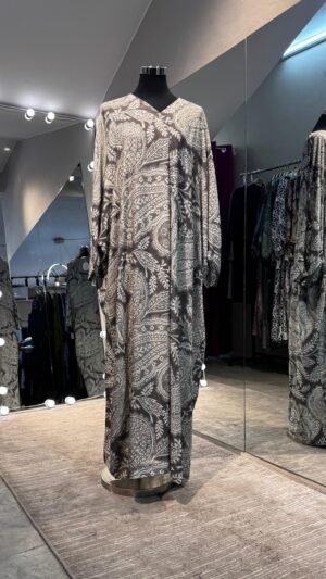 Dark gray cotton V neck dress with Kashmir printing