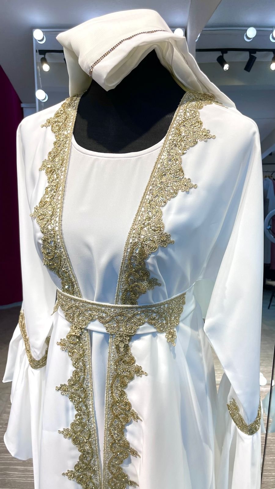 White Flare Sleeve Abaya Dress with Gold Embellishment - Image 3