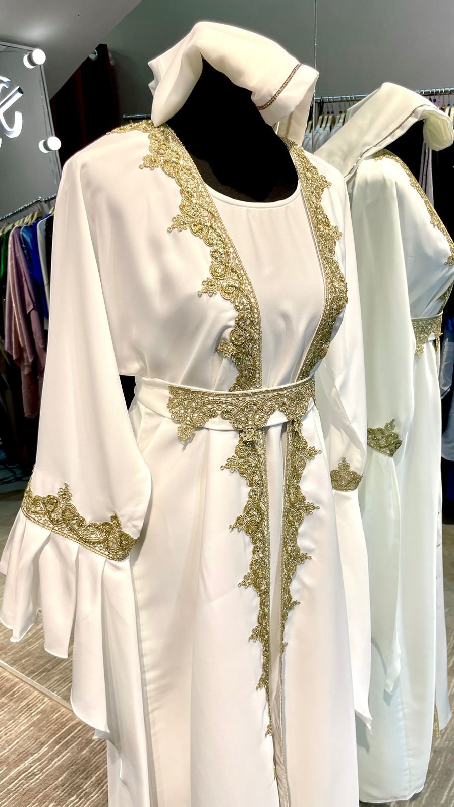 White Flare Sleeve Abaya Dress with Gold Embellishment - Image 4